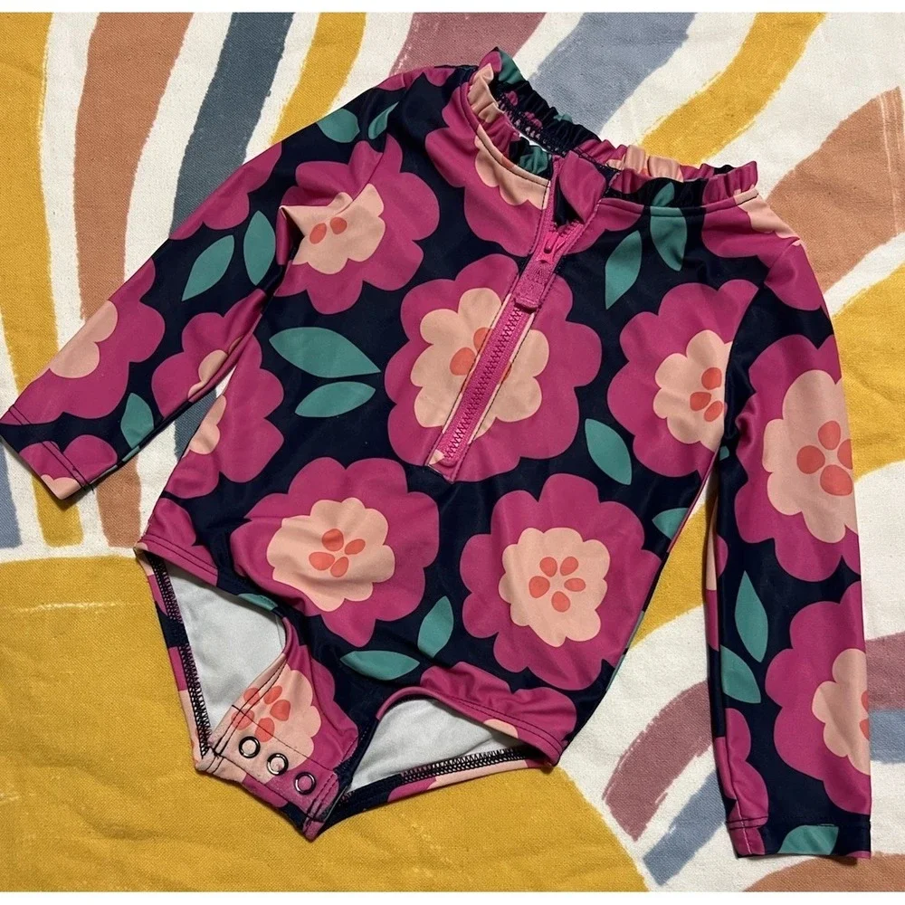 Carter's Girls 12M Long Sleeve One Piece Swimsuit Floral Pink Navy Green